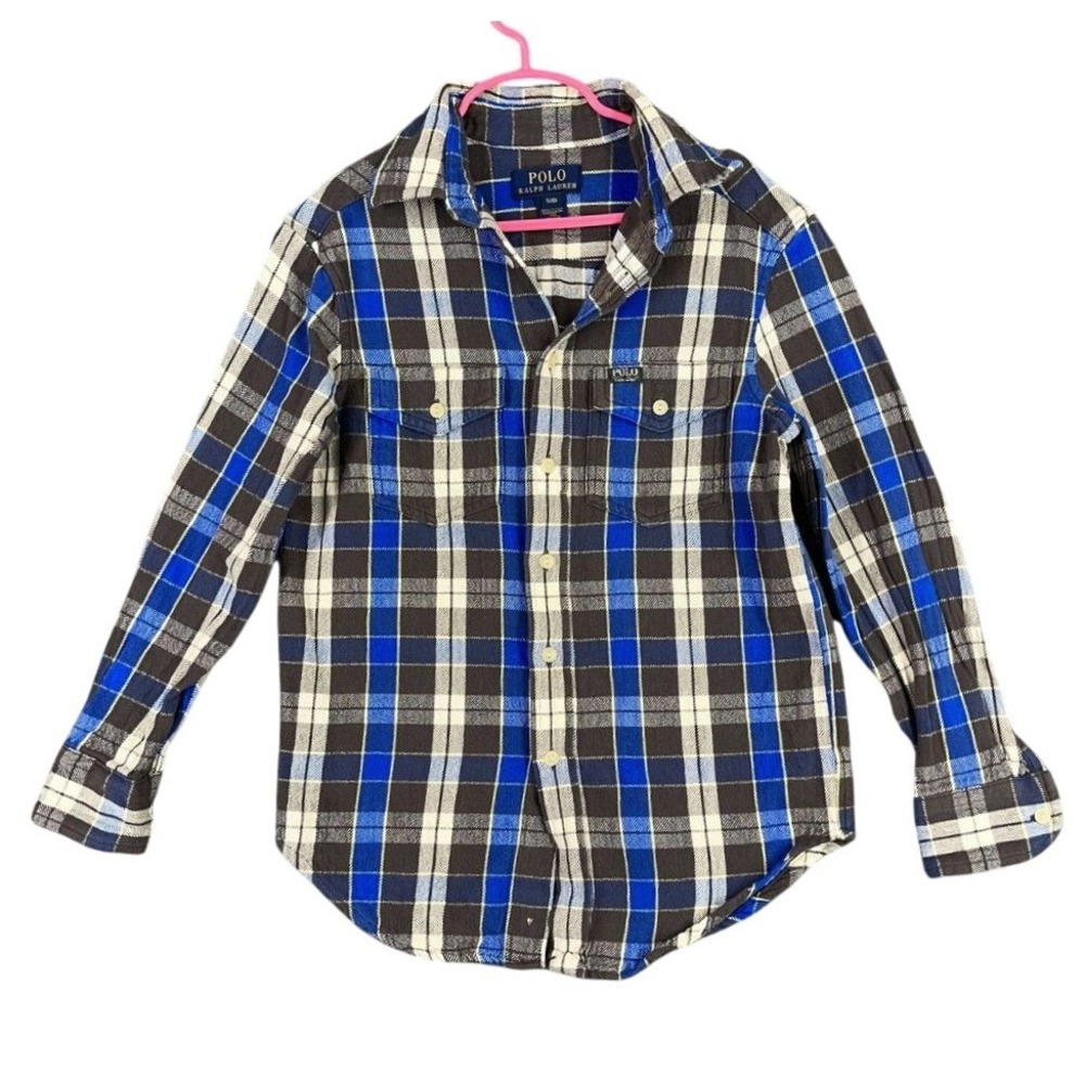 Polo Ralph Lauren Flannel‎ Shirt Boys Small Blue Plaid Button Down Chore Outdoor